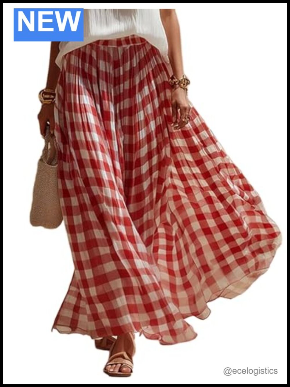 Women's Gingham Maxi Skirt Chiffon Pleated High Waist Flowy Checkered Long Skirt